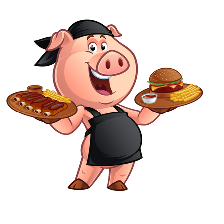Pig chef carrying a tray with a barbecue burgerのイラスト素材