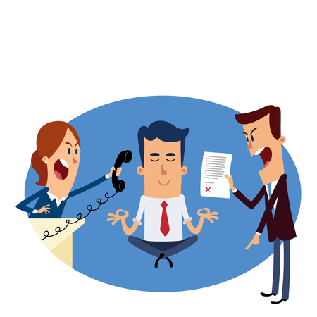 Businessman meditating in a yoga posture, his co-workers are yelling at himのイラスト素材