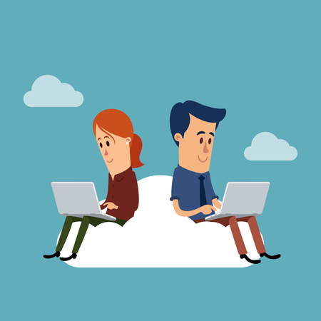 Woman and man working with their laptops, cloud computing conceptのイラスト素材