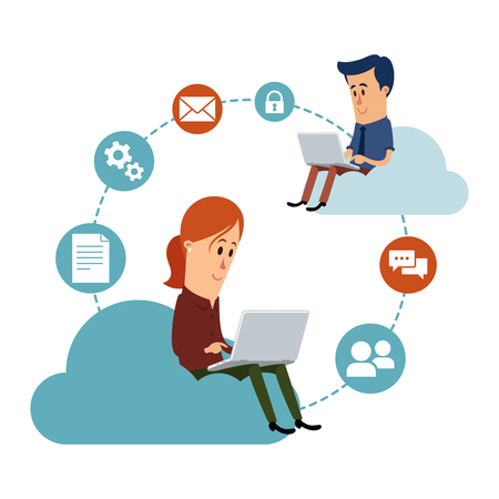 Woman and man working with their laptops, cloud computing conceptのイラスト素材