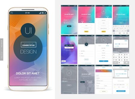 Design of the mobile application, UI, UX. A set of GUI screens with login and password input, home page, news feed, rating and statistics, settings and payment screens.のイラスト素材