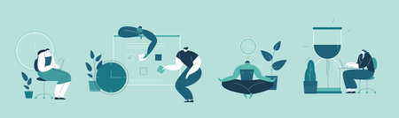 Set of people successfully organizing their appointments and tasks . Situations and office scenes...