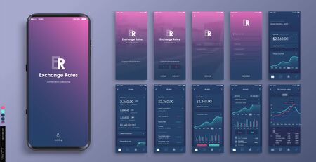 Mobile app design, UI, UX. A set of graphic screens with the login and password, home page, exchange rate, list of payments, archim exchange rates and current account information.のイラスト素材