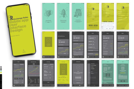 Mobile app design, UI, UX. A set of graphic screens with the login and password, home page, exchange...