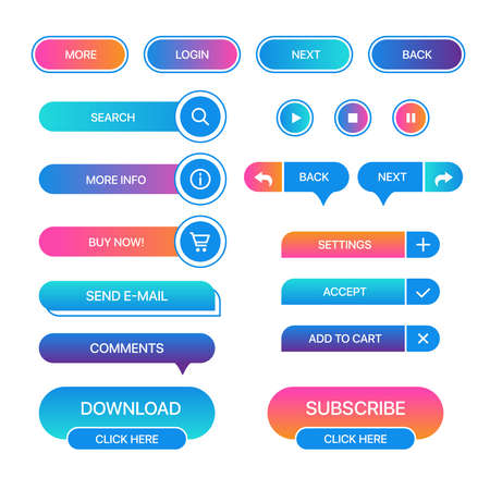 Set of vector buttons for websites, mobile applications. Design elements for website or app. Different gradient colors and icons on white background.のイラスト素材