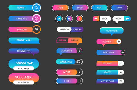 Set of vector buttons for websites, mobile applications. Design elements for website or app. Different gradient colors and icons on white background.のイラスト素材