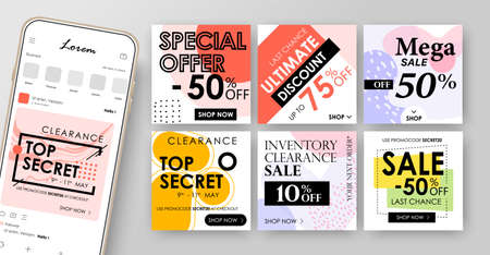 Design Social Media Banners. Design of advertising in social networks. A set of banners square shape for mobile phones and tablets. Vector Mockup.のイラスト素材