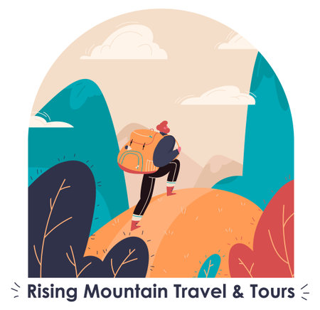 Hiking tourism. Mountan travel concept of adventure, discovering, exploring, and observing nature. Minimalist graphic flyers.のイラスト素材