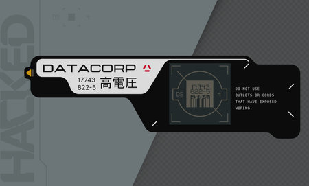Cyberpunk decal. Vector sticker, label in futuristic style. Inscriptions and symbols, Japanese hieroglyphs for attention, high voltage.のイラスト素材