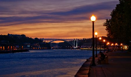 Douro River view at night in Porto, Portugalの写真素材