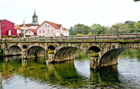 View of the river Vez in Arcos de Valdevez, Portugalの写真素材