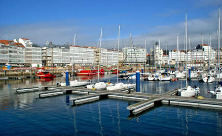 Marina Coruna and typical  buildings in Galicia, Spainのeditorial素材