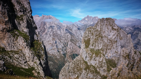 Trekking through the Picos de Europa en route to the Collado Jermoso refuge, Spainの写真素材