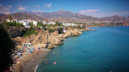 View of the Nerja beaches from the balcony of Europe in Nerjaの写真素材