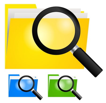 Magnifying Glass, Searching Folder Icon on yellow, blue and green color folders, infromation technology conceptのイラスト素材
