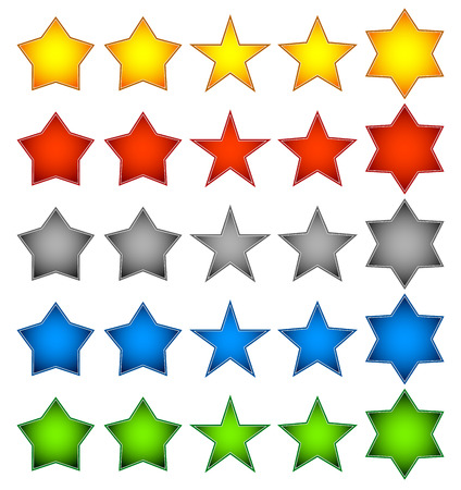 Different star shapes in yellow  orange , red, grey, blue and green color のイラスト素材