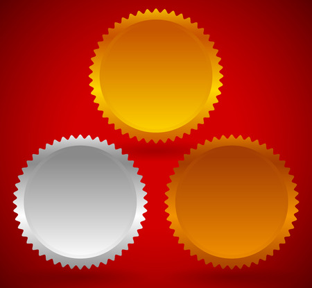 Golde, silver, bronze medals, starburst. Award, fiirst three places, achievement, ranking, position vectorのイラスト素材