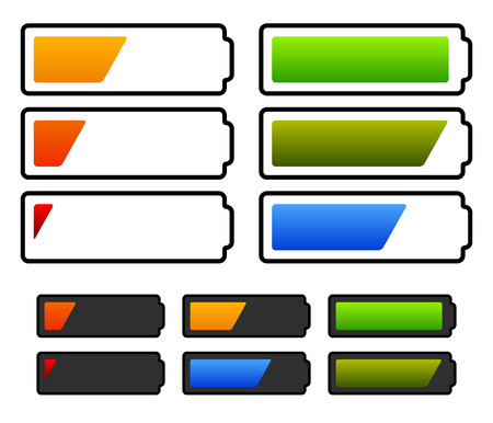 Illustration of battery level indicators. Battery life, accumulator, battery running low, battery recharging vector.のイラスト素材
