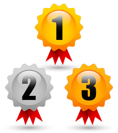 Gold, silver, bronze medals with 1st, 2nd, 3rd labels, red ribbons and slight shadows. Top 3 places, winners, trophy, award, prize concepts. Stylized vector,のイラスト素材