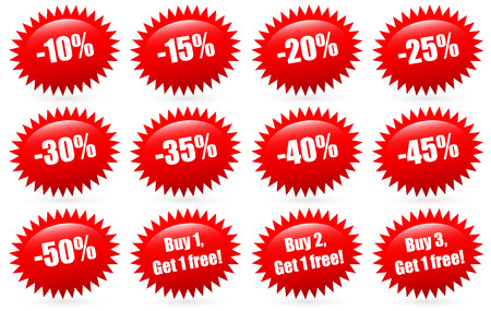 Discount badges and Buy 1, buy 2, buy 3... Get 1 free badges. (red flash, starburst shapes)のイラスト素材