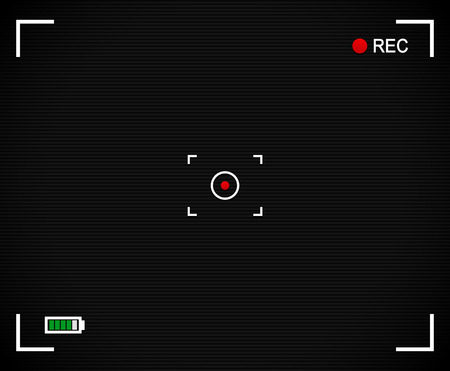 Camera background, Camera Viewfinder with cross hair, target mark, rec label and battery level indicator. With scanlines and red dot at center.のイラスト素材