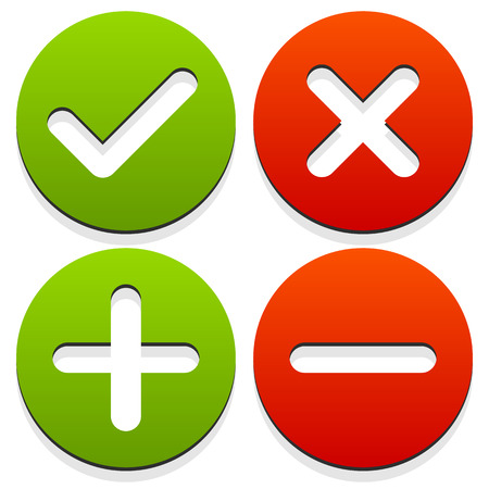 Set of 4 icons with check mark, cross and plus, minus signs.の写真素材