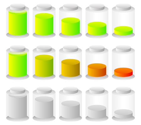 Illustration of battery level indicators. Battery life, accumulator, battery running low, battery recharging vector.のイラスト素材