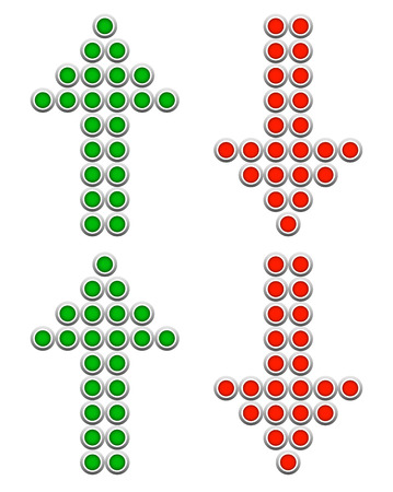 Set of dotted up and down arrows. Red and green arrows pointing upward, downward. Vector.のイラスト素材