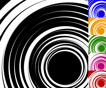 Monochrome background set with random concentric, radiating, radial circles, set of 6 colorsのイラスト素材