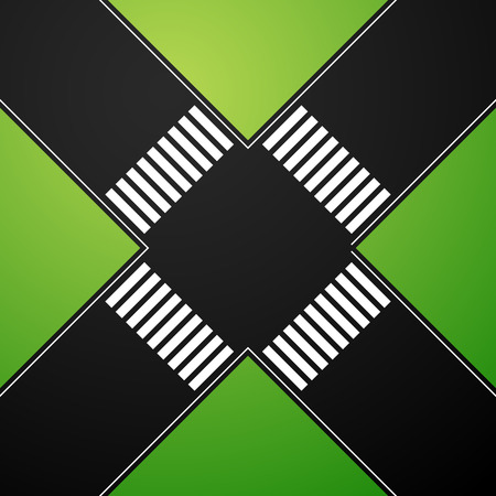 4-way intersection with pedestrian crossing. Asphalt, bitumen road surface from above. Empty streets in aerial view. Abstract cartoon-like graphic.のイラスト素材