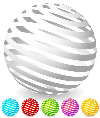 Striped spheres in 6 colors. 3d geometric orbs, balls. Generic icons, design elements.のイラスト素材