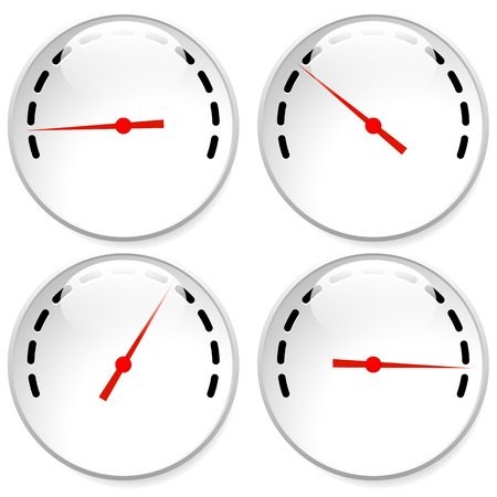 Dial, meter templates with red need and units set at 4 stages, levels. Generic indicator, measurement icons without text. Progression, low-high, acceleration concepts.のイラスト素材