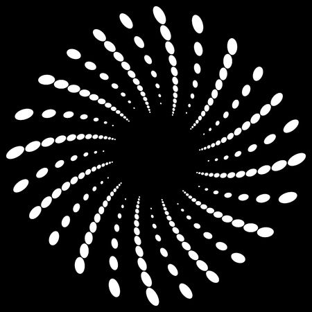 Twist, spiral shape with circles. Rotating dotted element. Abstract grayscale, black and white (monochrome) circular graphicsのイラスト素材