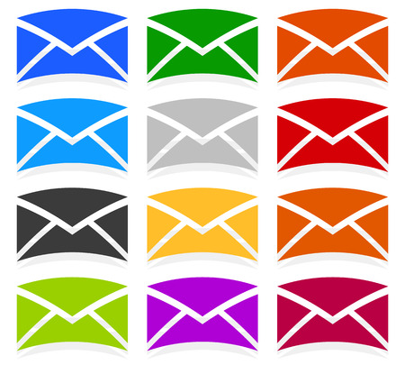 Envelope symbols in 12 colors as contact, support, email icons, buttonsのイラスト素材