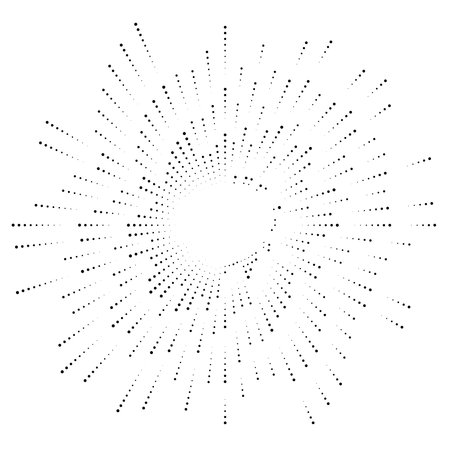 Dots radial burst lines. Irregular lines, half-tone beams, rays. Radiating, converging trail lines. Circular array of dotted linesのイラスト素材