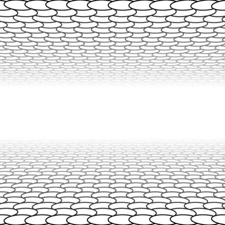 Mesh, grid in perspective vanish, diminish to distant horizon. Virtual 3D space render. Skyline converge abstract background. Depth 3D illustration. Incline plane disappear, empty room cyberspaceのイラスト素材