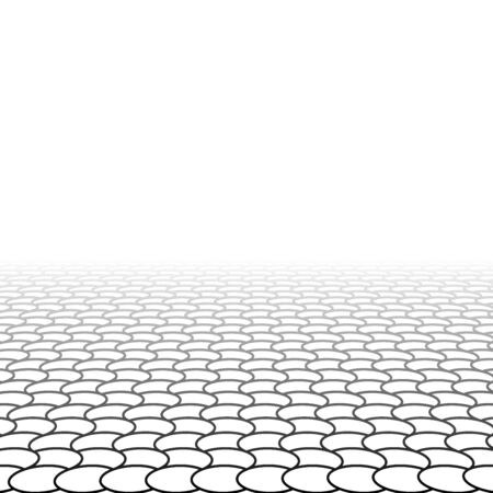 Mesh, grid in perspective vanish, diminish to distant horizon. Virtual 3D space render. Skyline converge abstract background. Depth 3D illustration. Incline plane disappear, empty room cyberspaceのイラスト素材