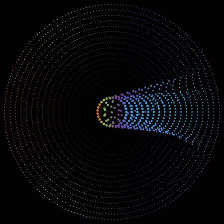 Radial element with random dots, circles, rings as particles. Diffusion, dissolve effect. Clutter vortex, swirl radiating shape. Spiral noise, moire design element. Converge scatter, disperse concentric rings of jumble dots. Many irregular flicker bits, pieces in orbit. Abstract geometric circle, circular molecule illustrationのイラスト素材
