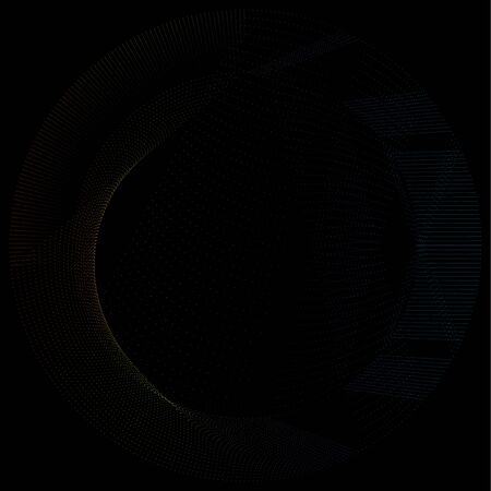 Radial element with random dots, circles, rings as particles. Diffusion, dissolve effect. Clutter vortex, swirl radiating shape. Spiral noise, moire design element. Converge scatter, disperse concentric rings of jumble dots. Many irregular flicker bits, pieces in orbit. Abstract geometric circle, circular molecule illustrationのイラスト素材