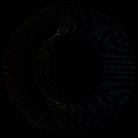 Radial element with random dots, circles, rings as particles. Diffusion, dissolve effect. Clutter vortex, swirl radiating shape. Spiral noise, moire design element. Converge scatter, disperse concentric rings of jumble dots. Many irregular flicker bits, pieces in orbit. Abstract geometric circle, circular molecule illustrationのイラスト素材