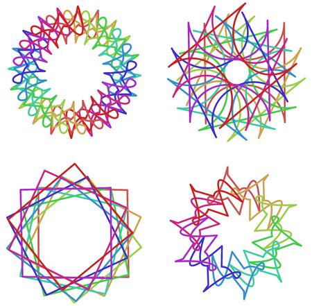 Circular and radial abstract mandalas, motifs, decoration design elements with spectrum colors. Generative geometric and abstract art shapesのイラスト素材