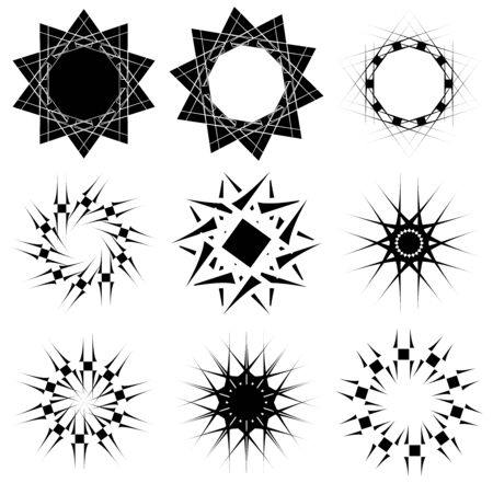 Circular and radial abstract mandalas, motifs, decoration design elements. Black and white generative geometric and abstract art shapesのイラスト素材