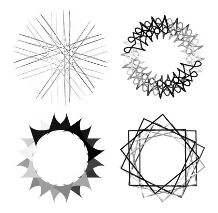 Circular and radial abstract mandalas, motifs, decoration design elements. Black and white generative geometric and abstract art shapesのイラスト素材
