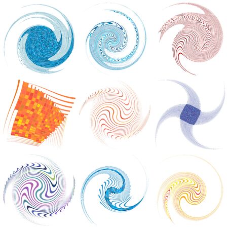 set of colorful, multicolor and monochrome cyclic, cycle concentric rings. revolved spirals, vortexes, swirl, spirals and twirls. abstract circular, radial loop shapes, elementsのイラスト素材