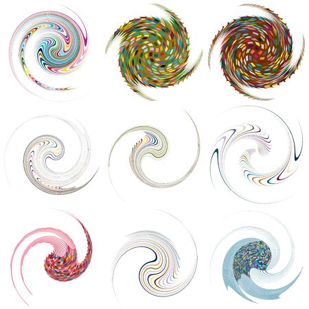 Set of mottled, multi color and colorful spiral, swirl, twirl shapes. Vortex, whorl shape with rotation, spin, coiling distortion effectのイラスト素材