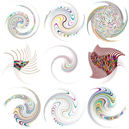 Set of mottled, multi color and colorful spiral, swirl, twirl shapes. Vortex, whorl shape with rotation, spin, coiling distortion effectのイラスト素材
