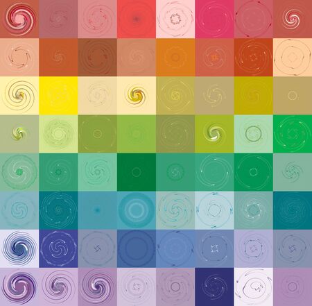 set of colorful, multicolor and monochrome cyclic, cycle concentric rings. revolved spirals, vortexes, whorls. abstract circular, radial loop shapes, elements over colored backdrop, backgroundのイラスト素材