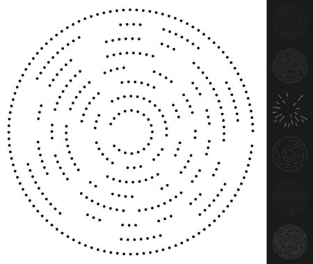 Random dots, circles abstract. Speckles, dotted radial, radiating, circular geometric illustration. Polka-dots, pointillist, pointillism design elementのイラスト素材