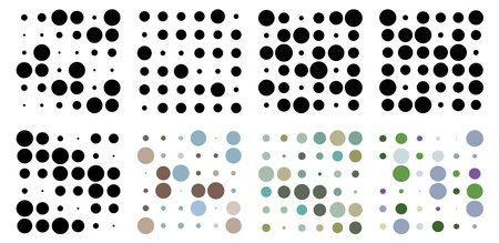 6x6 circles dots variation design. Dotted speckles, freckles. Circles grid and mesh. Vector illustrationのイラスト素材