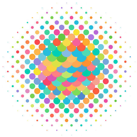 Random colorful dots halftone (half-tone) element. Dotted, circles, speckles and freckles vector illustration. Stipple-stippling designのイラスト素材